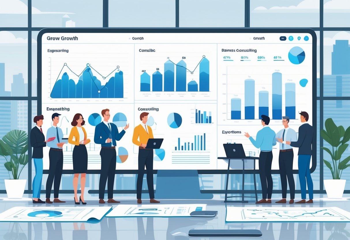 A group of professionals collaborating around a digital dashboard showing various charts and graphs in a modern office with a cityscape view.