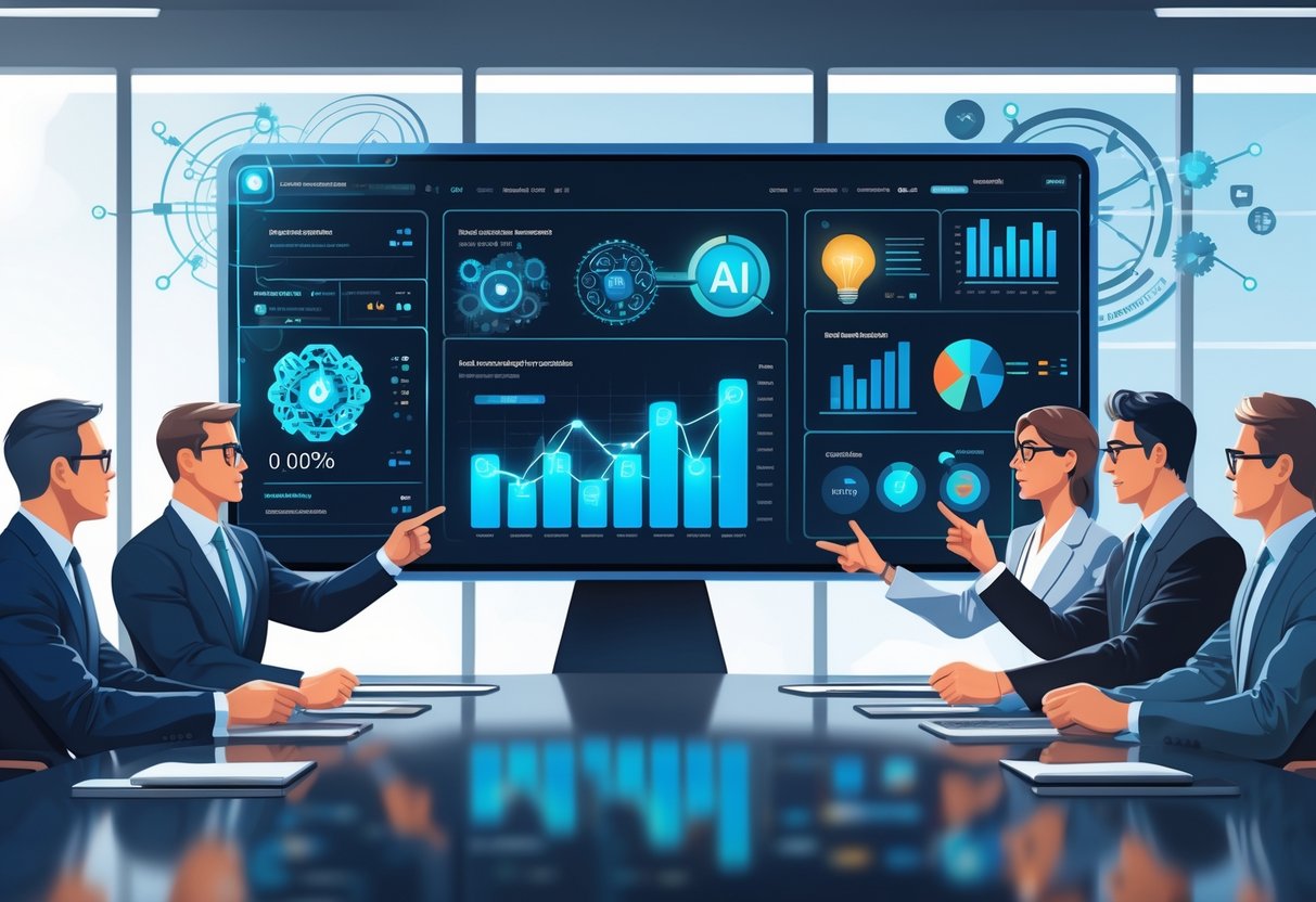 A group of business professionals in a boardroom discussing data displayed on a large digital dashboard showing graphs and charts related to AI, automation, and continuous improvement.
