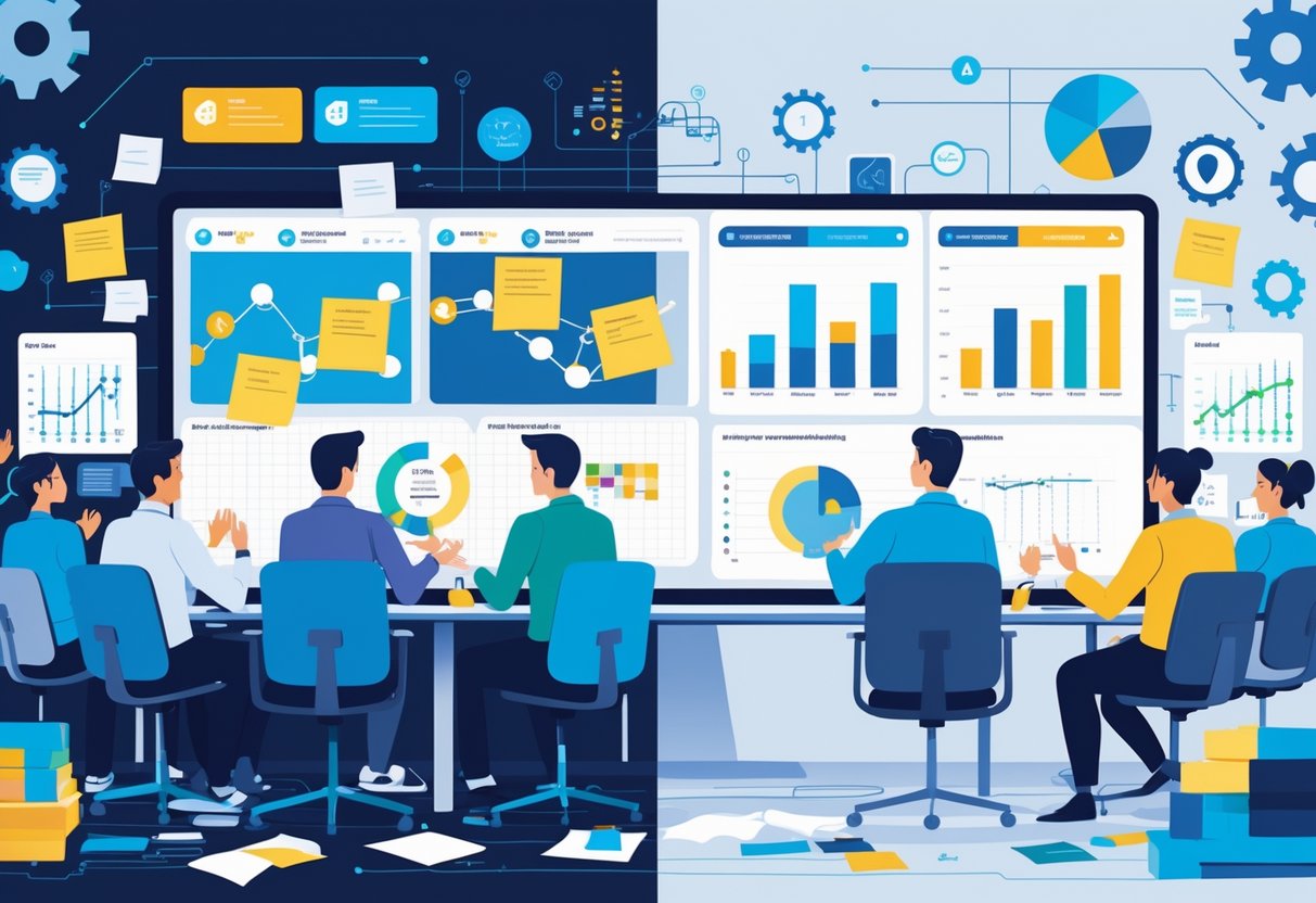 A team of engineers collaborating around a large digital screen showing charts and progress, contrasting a cluttered workspace with a neat, organized environment.