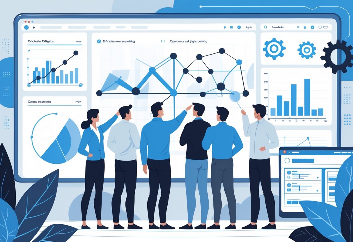 A diverse team of engineers collaborating around a digital whiteboard displaying charts and interconnected nodes, working together in a modern office setting.