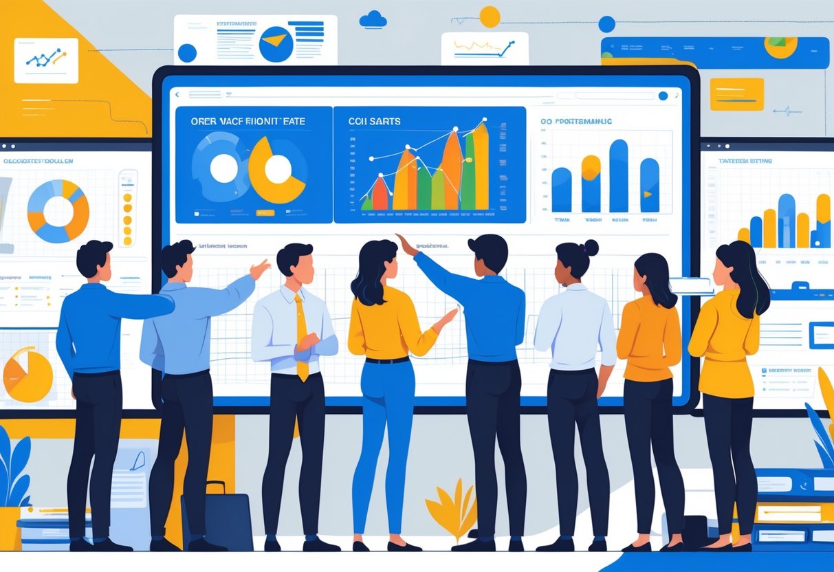 A diverse engineering team collaborating around a digital screen showing charts and graphs in a modern office environment.
