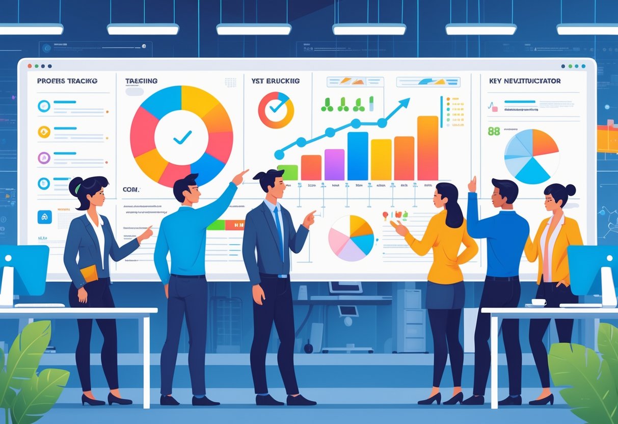 A team of engineers and managers collaborating around a digital whiteboard displaying charts and progress indicators in a modern office.