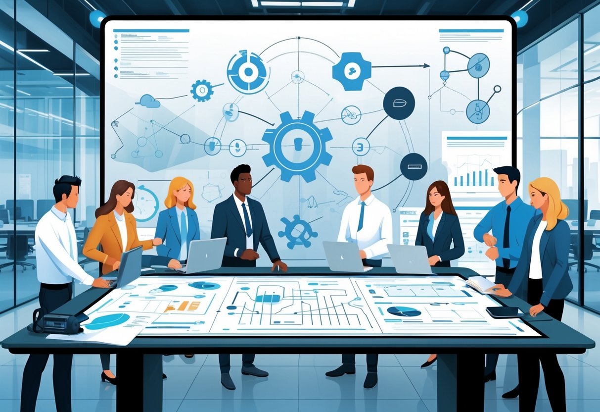 A team of engineers and strategists working together around a digital table with diagrams and plans, illustrating the process of turning ideas into actionable engineering projects.