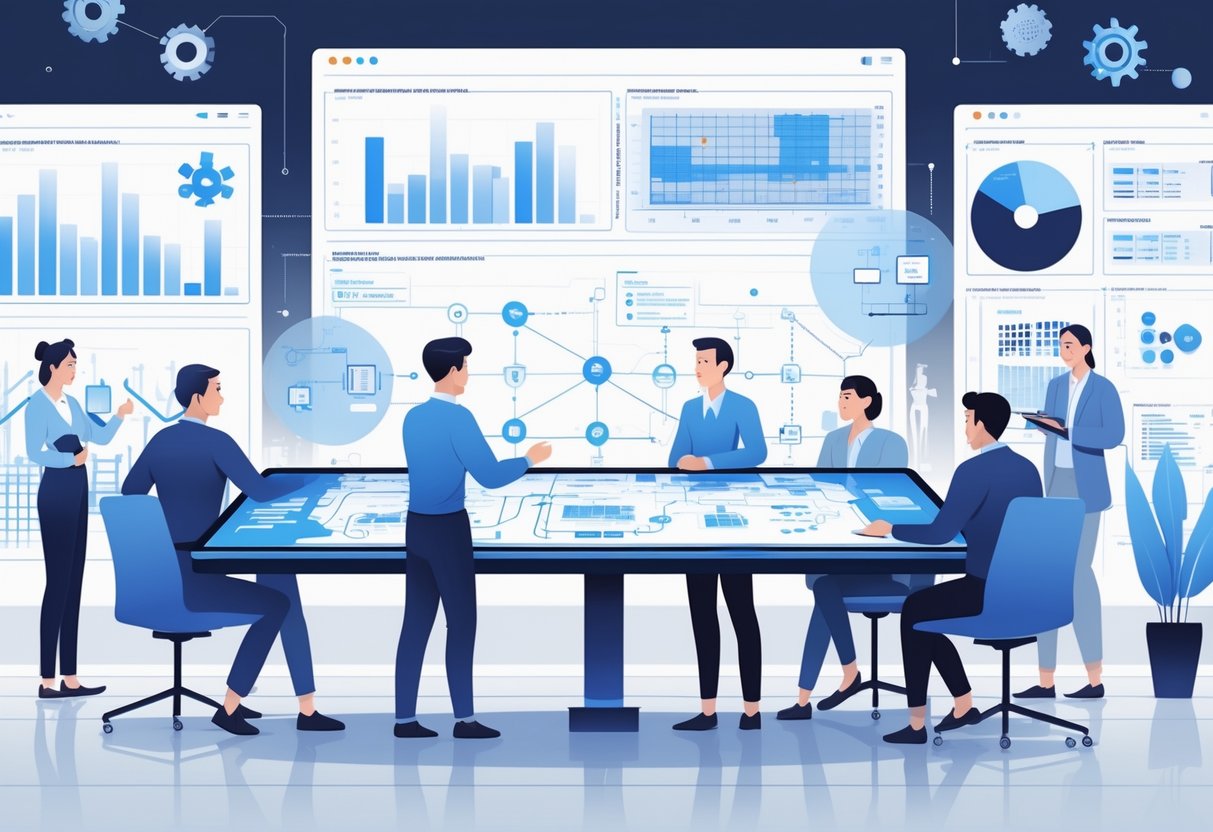 A group of engineers collaborating around a digital table with diagrams and charts, surrounded by screens showing system architectures and quality metrics in a modern office.