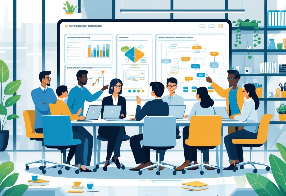 A group of engineers collaborating around a table with laptops and a digital screen showing diagrams in a modern office.