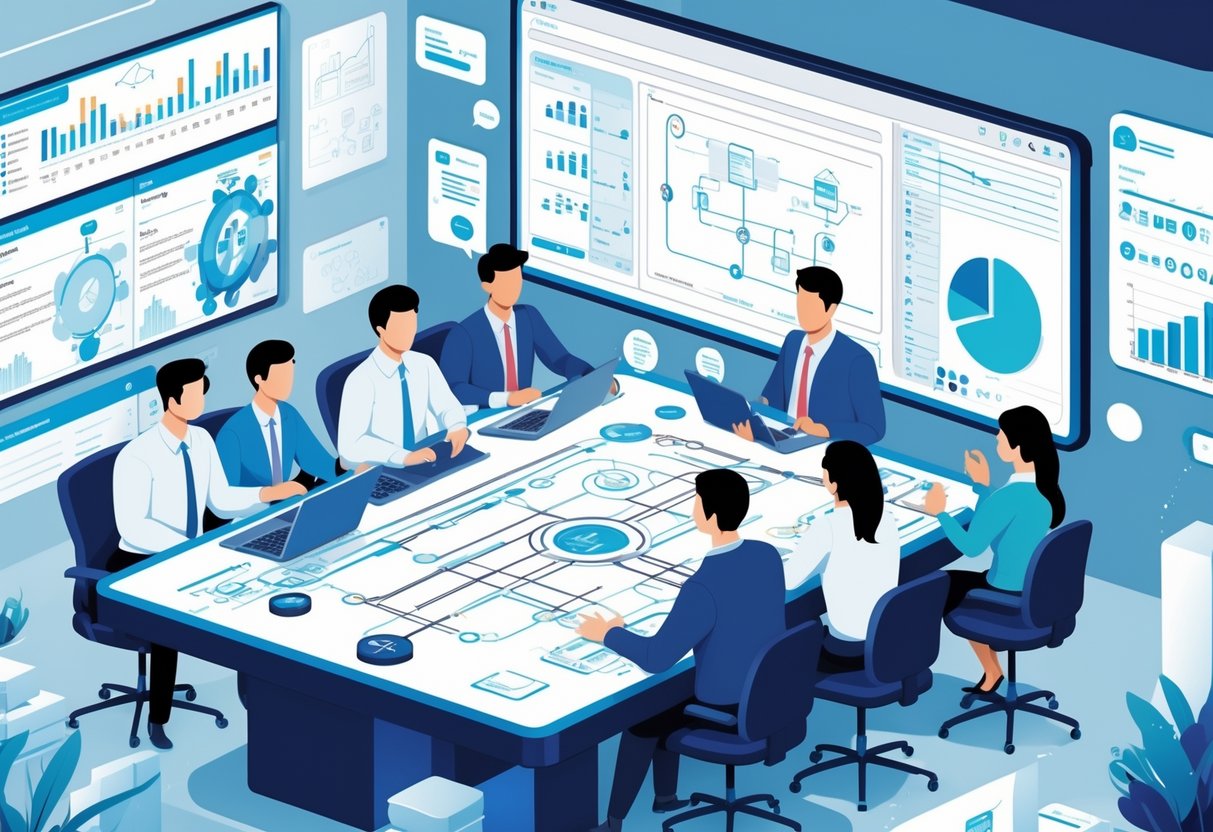 An engineering team collaborating around a digital touchscreen table with laptops, tablets, and a video conference screen in a modern office.