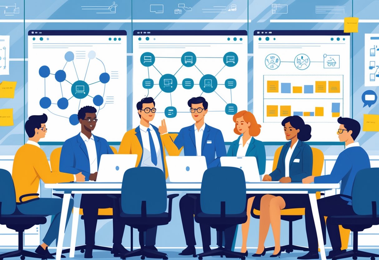 A group of engineering leaders and team members collaborating and communicating around a table in an office with digital tools and diagrams.