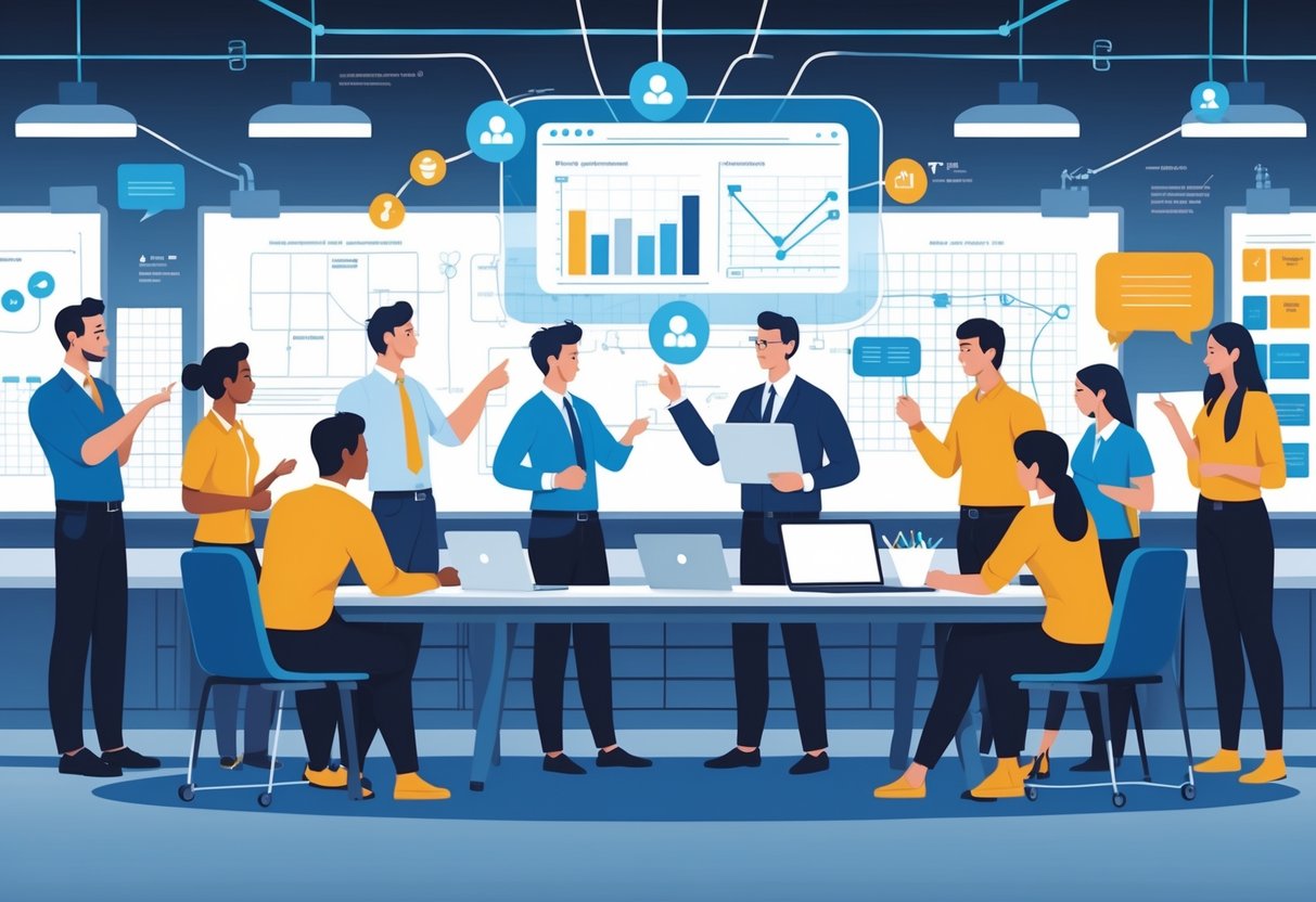 A group of engineers collaborating around a table with blueprints and digital screens, actively discussing and sharing ideas in a modern office.