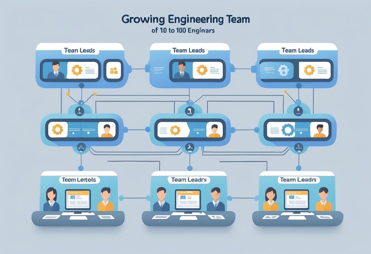 An organizational chart showing interconnected nodes representing roles and teams within a growing engineering organization.