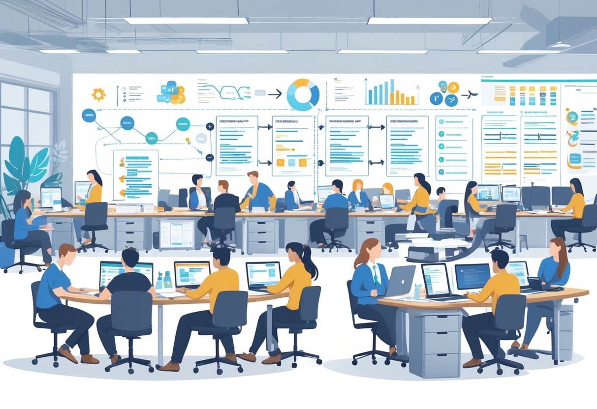 An office scene showing a small engineering team on one side growing into a larger, organized group working in clusters, illustrating the scaling of an engineering team from 10 to 100 members.