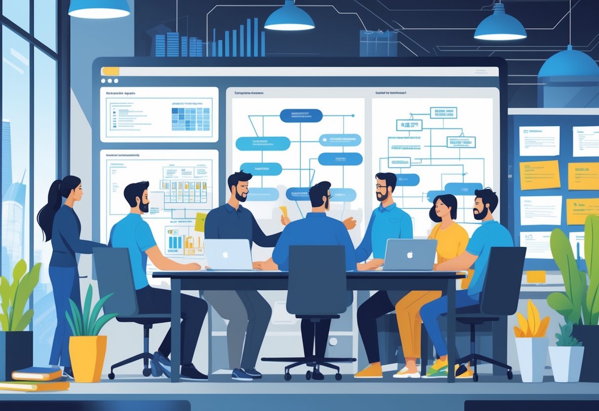 A group of engineers collaborating in a modern office, with one mentoring a new team member, others sharing ideas around a digital whiteboard showing diagrams and code, and a screen displaying a team hierarchy.