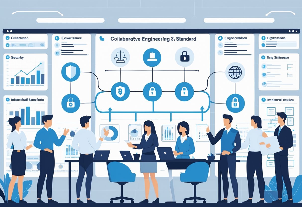 A group of engineers collaborating around a large digital organizational chart that illustrates team roles related to governance, security, and international standards in a modern office setting.