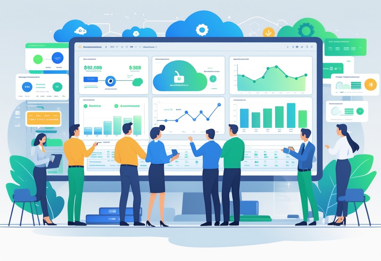 A group of engineering leaders and financial managers collaborating around a digital dashboard showing cloud infrastructure, automation workflows, and cost optimization charts in a high-tech office.