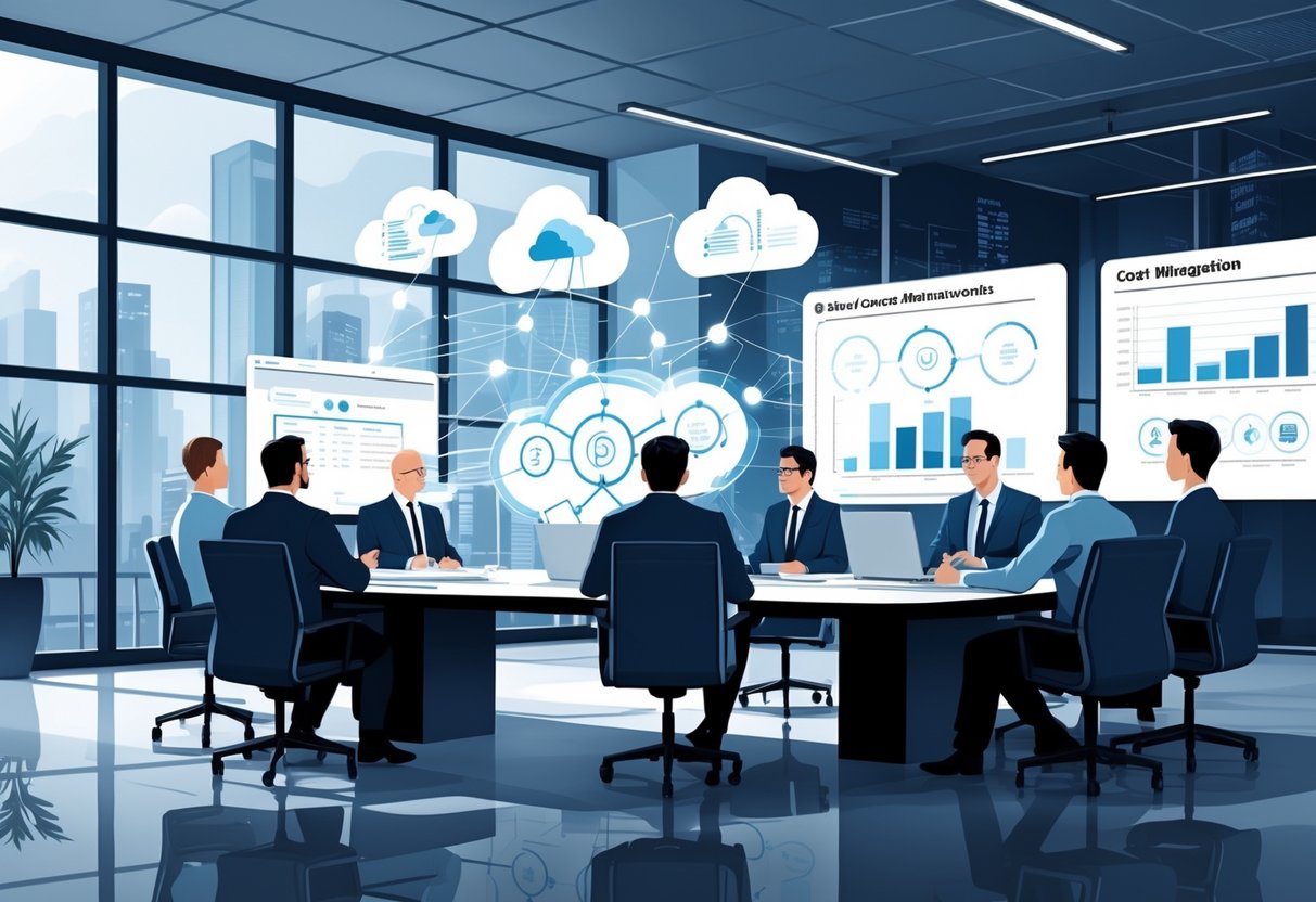 A group of professionals in a meeting room discussing cloud cost management with digital charts and cloud service icons displayed around them.