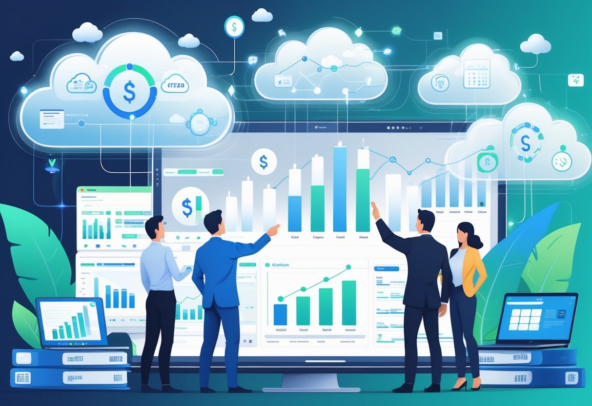 A group of engineering leaders and financial experts collaborating around a digital screen showing cloud icons, graphs, and financial data, symbolizing cloud cost management and business growth.
