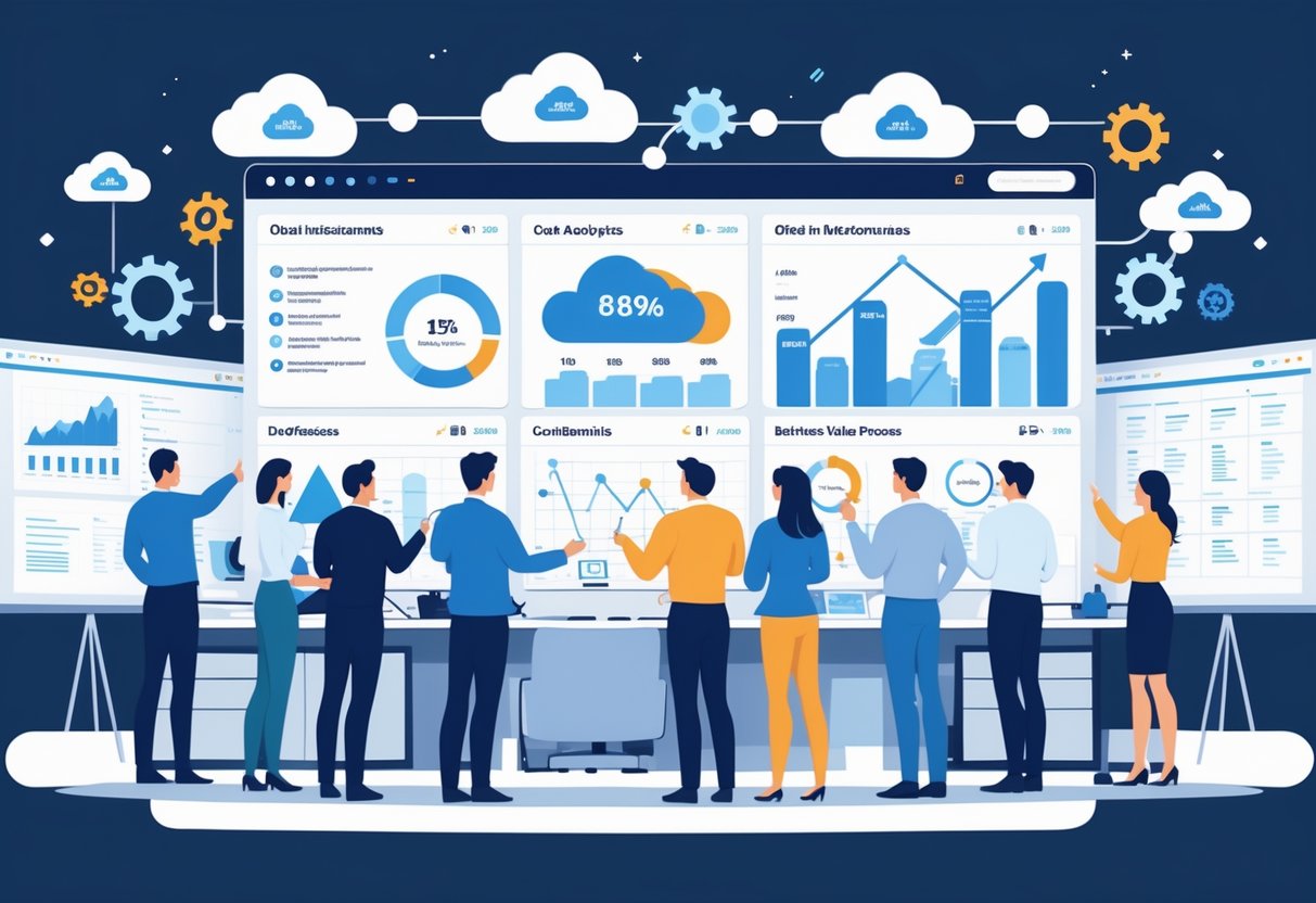 A group of professionals working together around a digital dashboard showing cloud cost metrics and business growth indicators in a modern office setting.