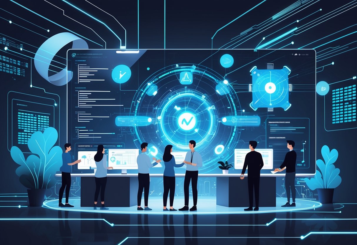 Engineers collaborating around a large digital interface with floating AI models and code, representing AI-assisted product development and code generation.