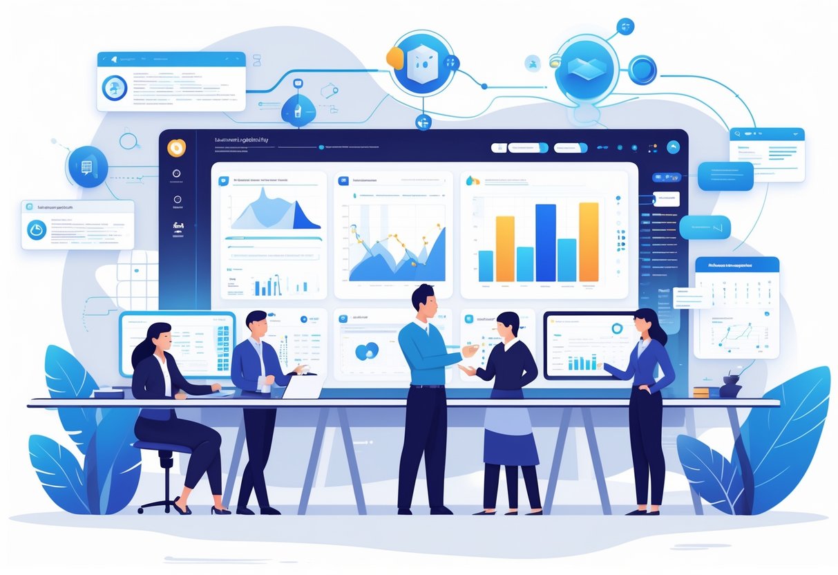 A team of professionals working with an AI assistant around digital screens showing data and product development stages connected in a continuous cycle.