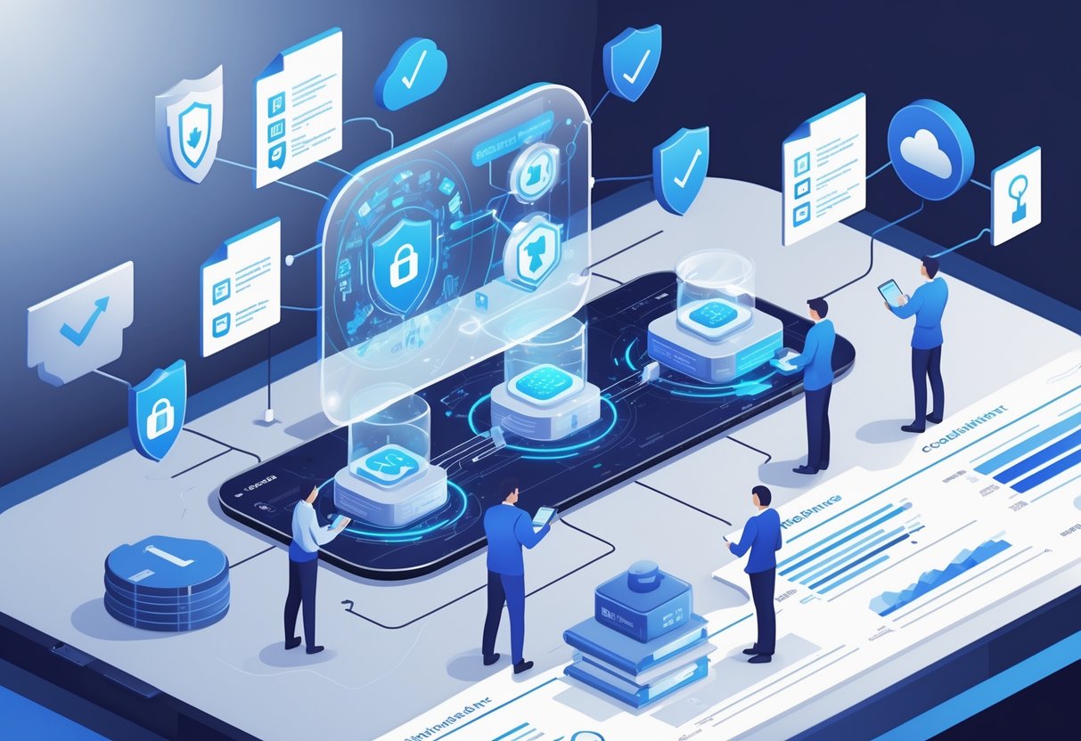 A group of professionals working together around a digital interface showing secure data connections, compliance symbols, and AI workflows within a product development process.