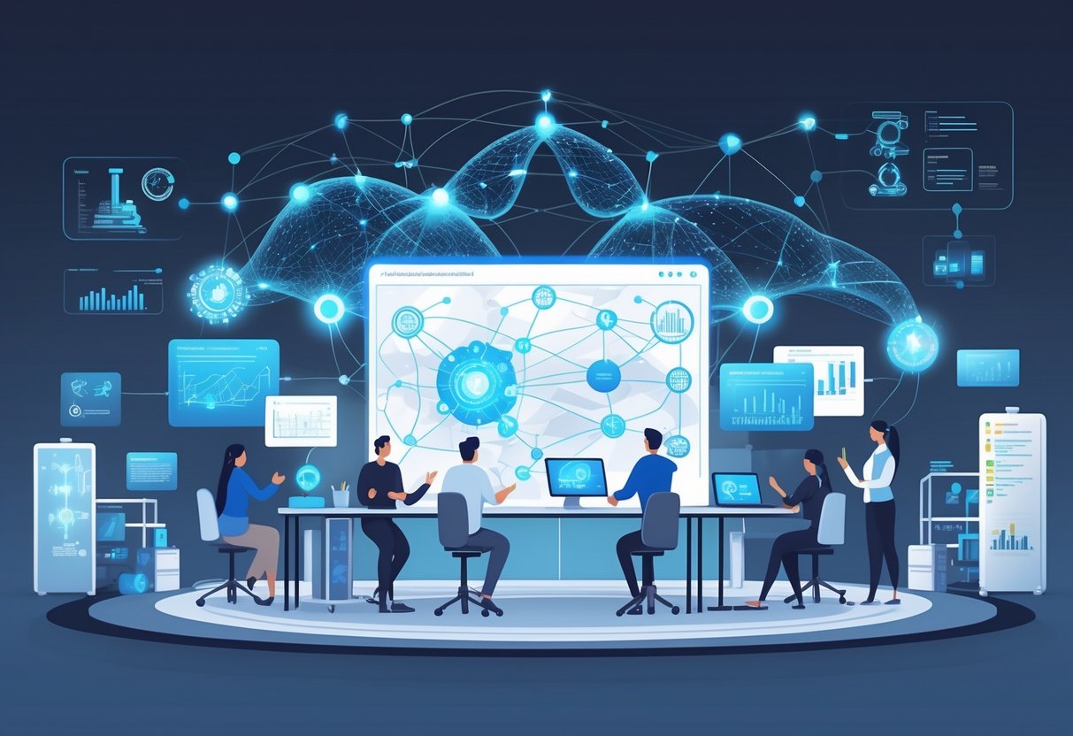 A group of engineers and designers collaborating around a digital interface showing product development stages with AI elements and futuristic technology in a modern workspace.