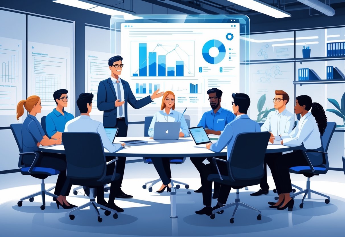 A group of senior engineers collaborating around a conference table with a digital screen displaying project plans in a modern office.