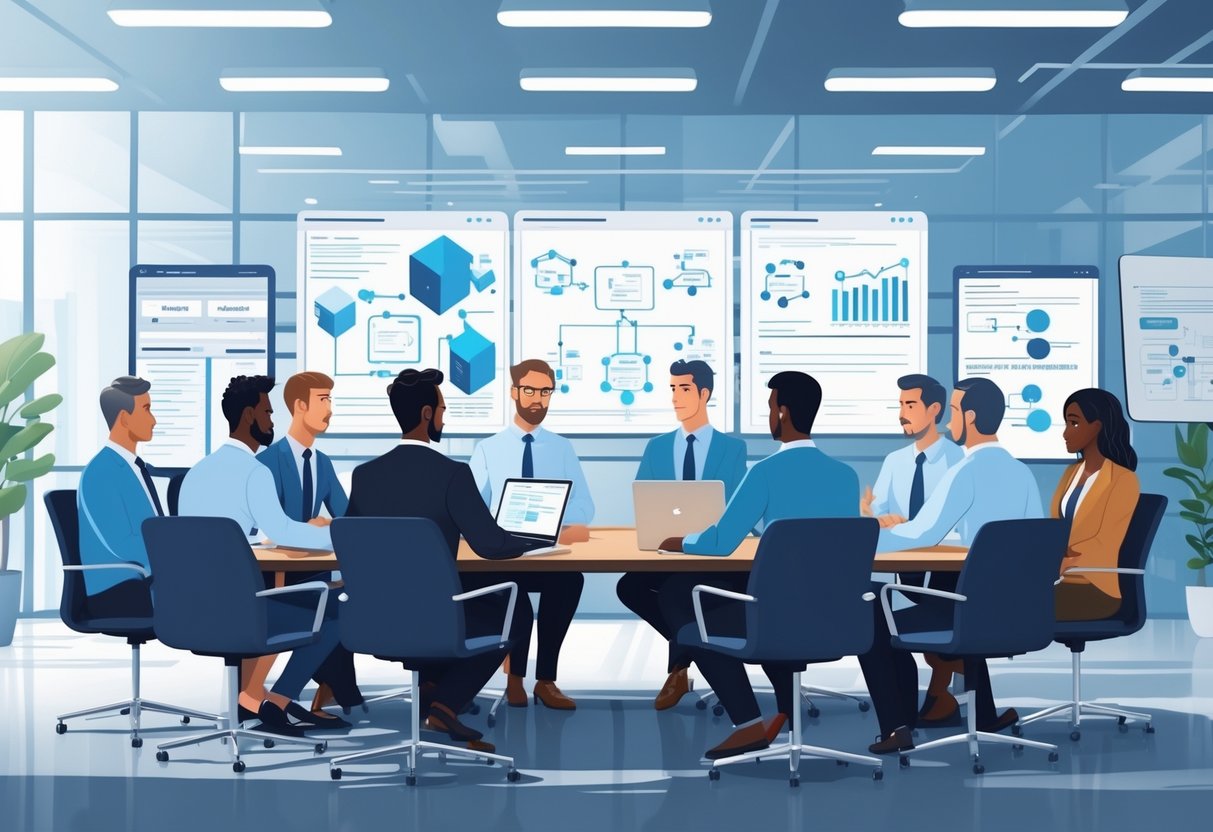 A group of professionals discussing and collaborating in a modern office around a conference table with laptops and documents.