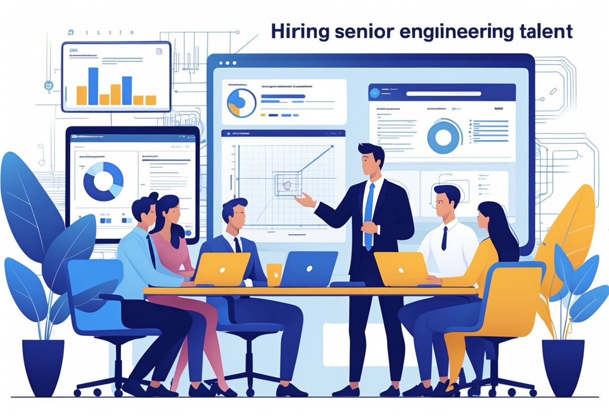 A group of senior engineers collaborating around a table with laptops and digital screens, while a recruiter reviews resumes and market data in a modern office.