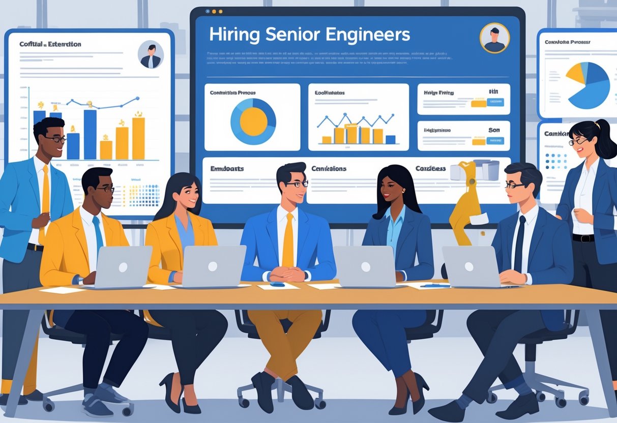 A group of diverse professionals meeting around a table, reviewing candidate profiles and charts in a modern office setting focused on hiring senior engineers.
