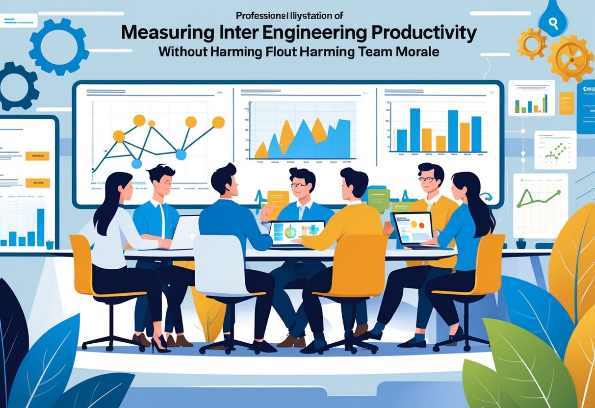 A diverse group of engineers collaborating around a table with laptops and charts in a modern office, showing teamwork and productivity measurement.