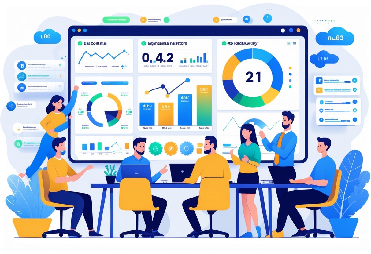 A group of engineers working together around a digital dashboard showing productivity data, with icons representing tools and platforms in a bright office setting.