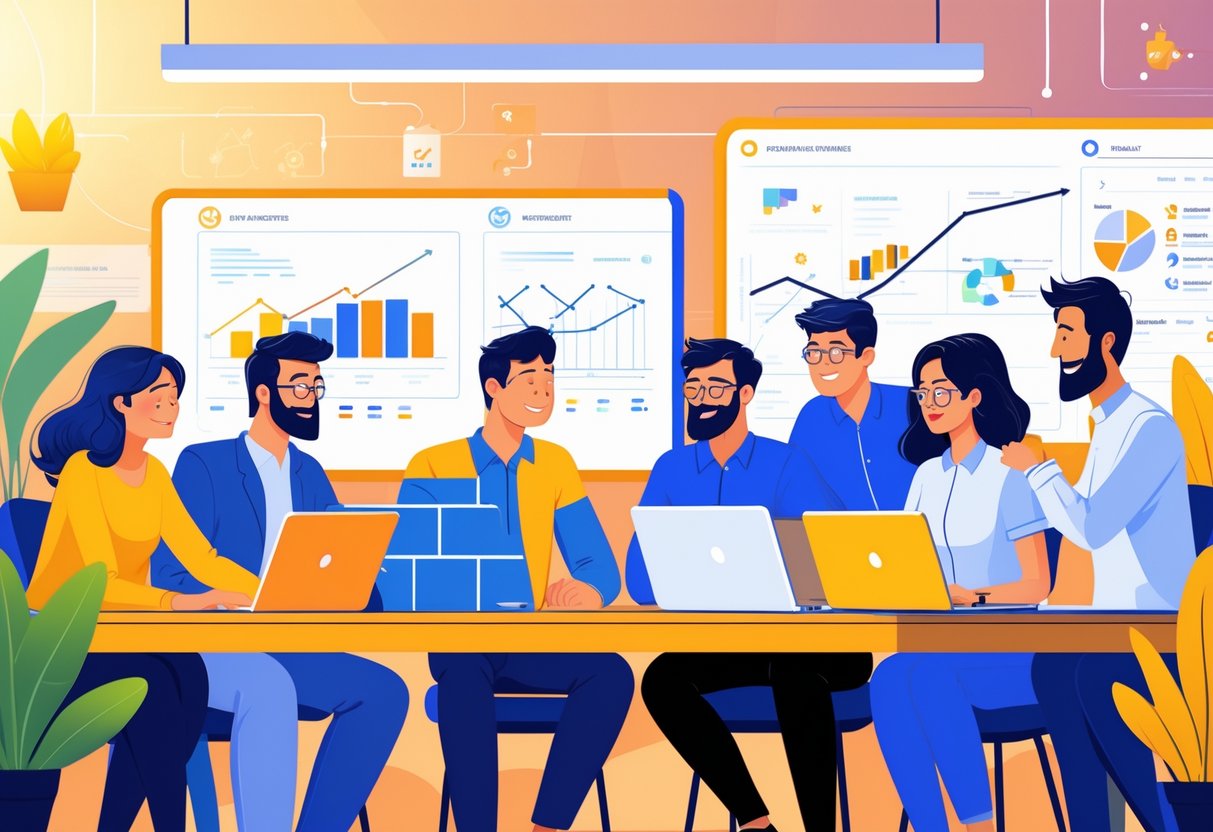 A diverse engineering team working together around a table, discussing charts and graphs in a positive office setting.