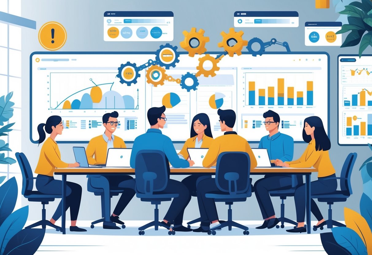 A diverse engineering team collaborating around a table with laptops and whiteboards, working together positively in a bright office setting.