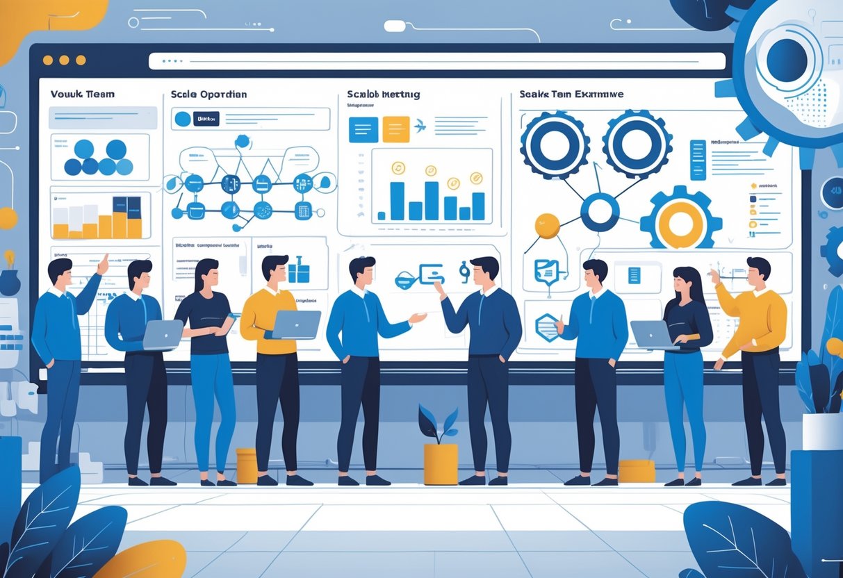 A group of engineers collaborating around a digital whiteboard displaying team structures and growth diagrams in a modern office setting.