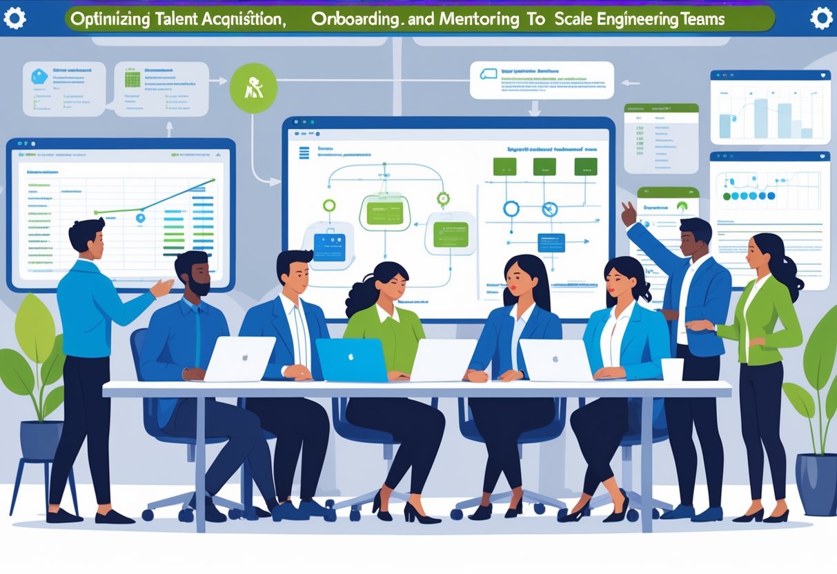 A group of engineers collaborating in an office with a manager onboarding new hires and a mentor coaching a junior engineer.