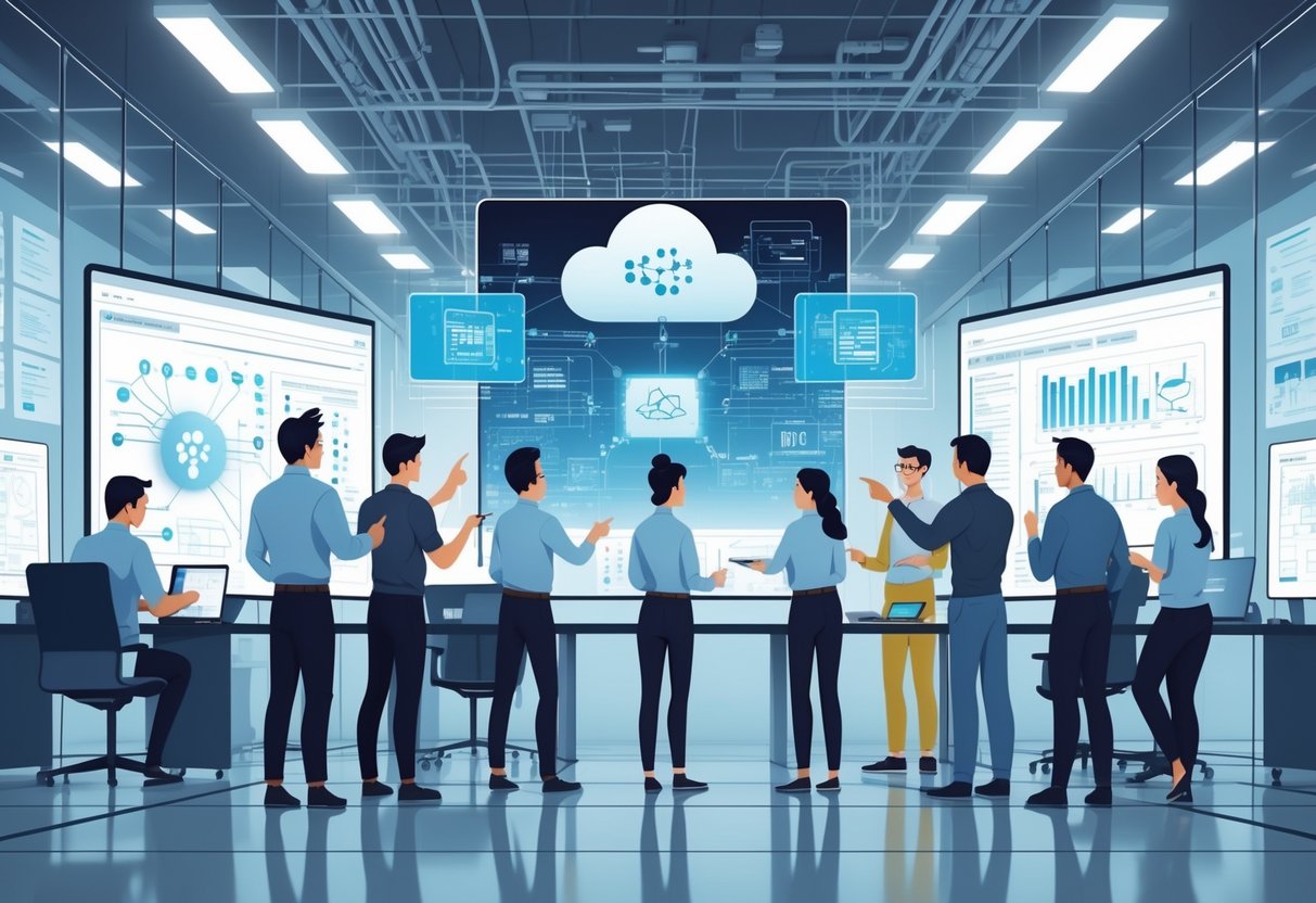 A group of engineers collaborating around digital screens displaying system architectures and network diagrams in a modern office.