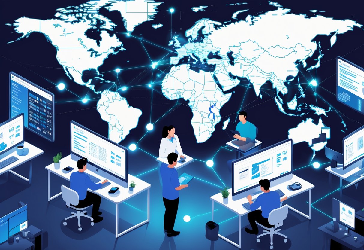 Engineers collaborating remotely and in offices around the world connected by digital workspaces and a glowing network map.