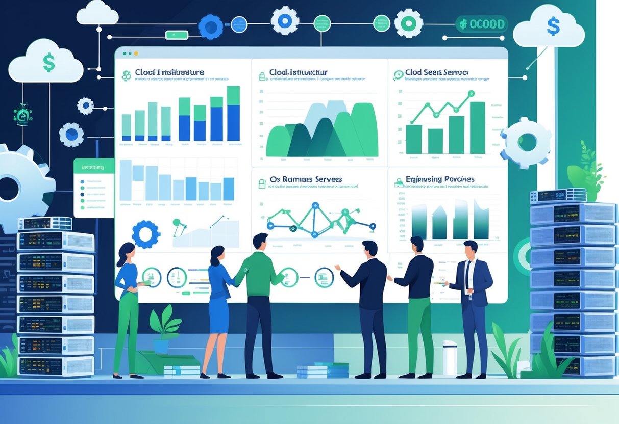 Engineers and analysts collaborating around a large digital dashboard showing charts and diagrams of cloud infrastructure, servers, and engineering resources to optimize costs.