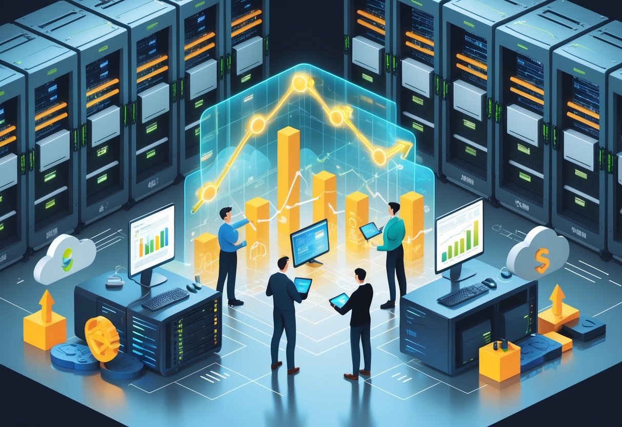 A modern data center with interconnected servers and engineers analyzing holographic charts and graphs about resource and cost optimization.