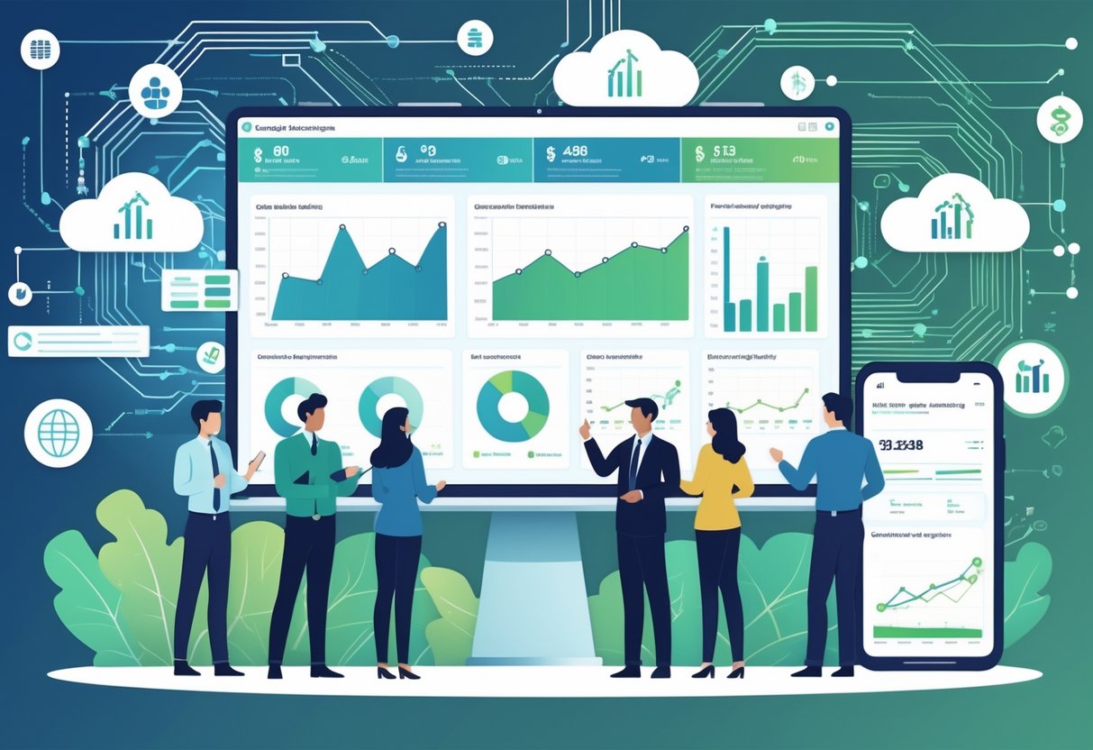 A group of professionals collaborating around a large digital dashboard showing graphs and icons related to cloud services, data centers, and engineering budgets in a modern office setting.
