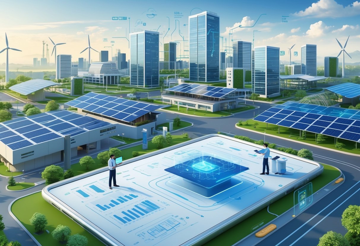 Engineers collaborating over digital displays in front of a modern city with sustainable buildings, solar panels, and wind turbines.