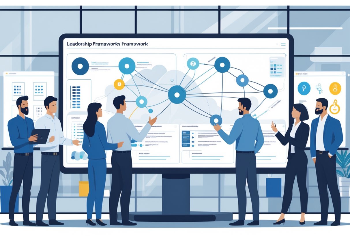 A group of technical leaders collaborating around a digital table displaying interconnected charts and nodes representing project management frameworks in a modern office setting.