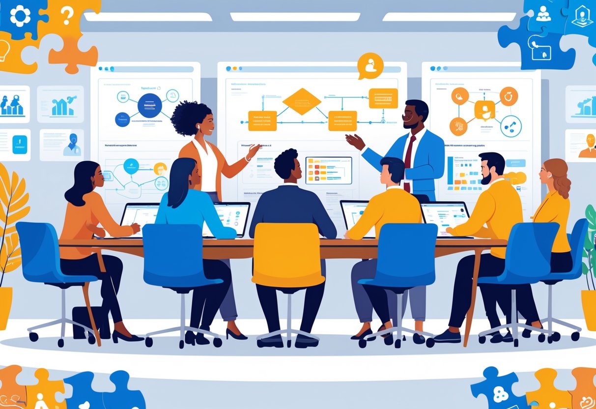 A diverse group of technical leaders collaborating around a table with laptops and digital whiteboards, sharing ideas in a modern office.