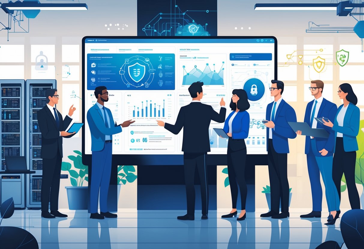 A group of technical leaders collaborating around a digital table displaying cybersecurity data and network diagrams in a modern office.