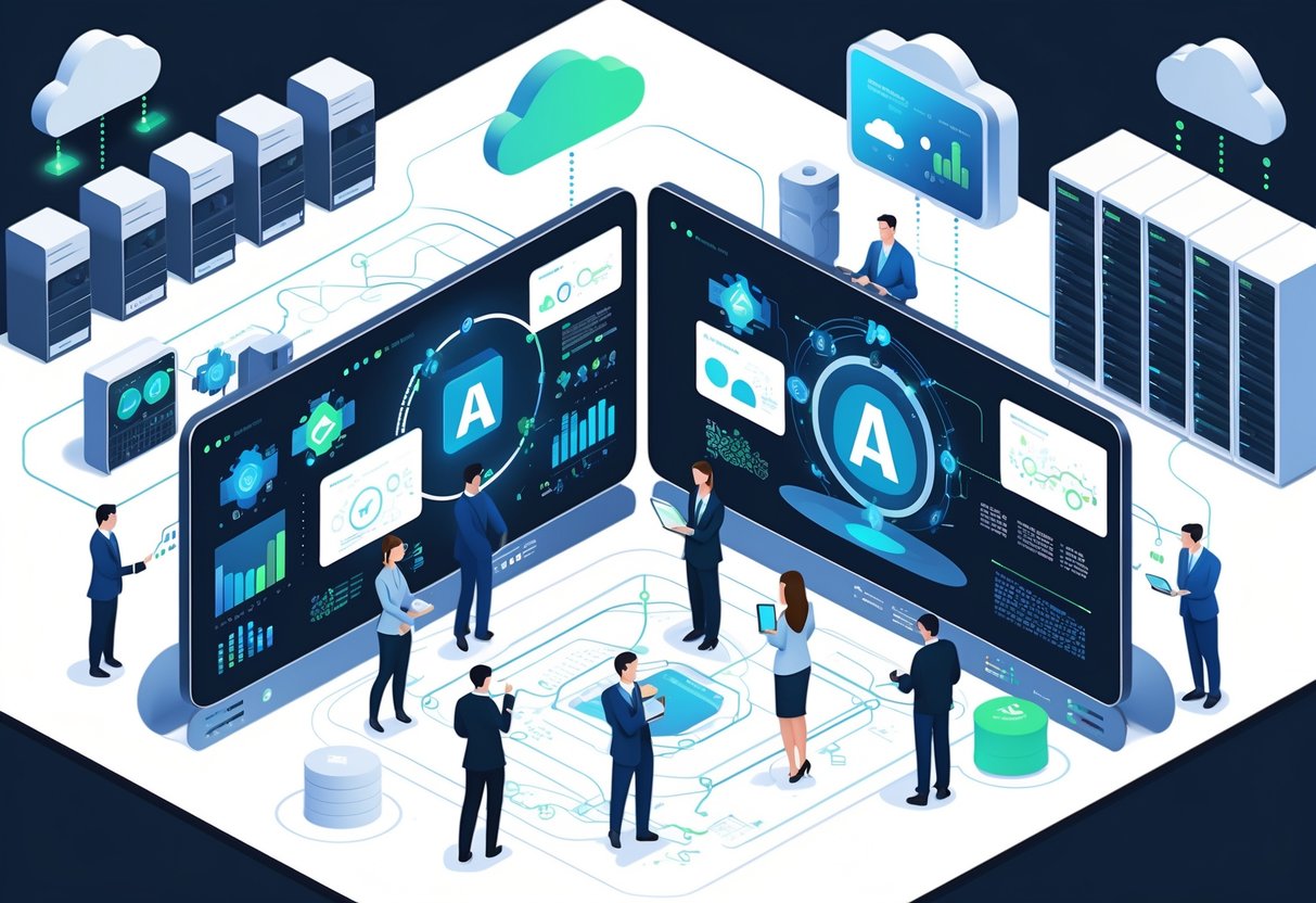 A group of professionals collaborating around digital screens showing AI data and infrastructure in a modern office environment.
