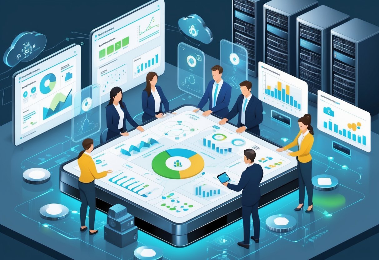 A team of business professionals collaborating around a digital table with AI data visualizations and holographic interfaces in a modern office with server racks and cloud icons in the background.
