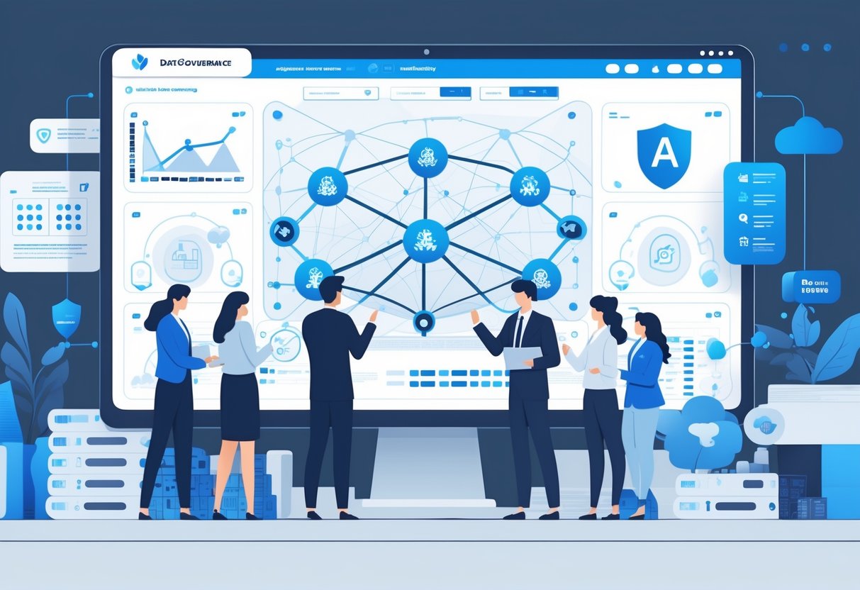 A group of professionals collaborating around a digital dashboard showing data connections, AI algorithms, and security symbols in a modern office with servers and cloud icons in the background.