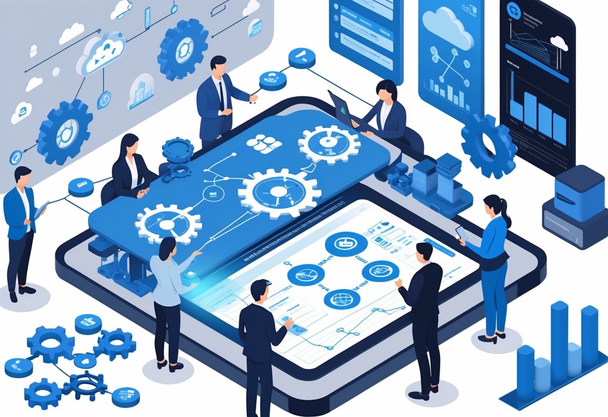A group of business professionals collaborating around a digital table with AI and machine learning diagrams, representing teamwork and technology integration in a modern office.