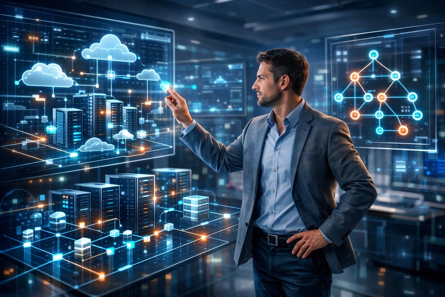 A platform engineer interacting with multiple digital screens and holographic interfaces in a futuristic control room managing large-scale system infrastructure.