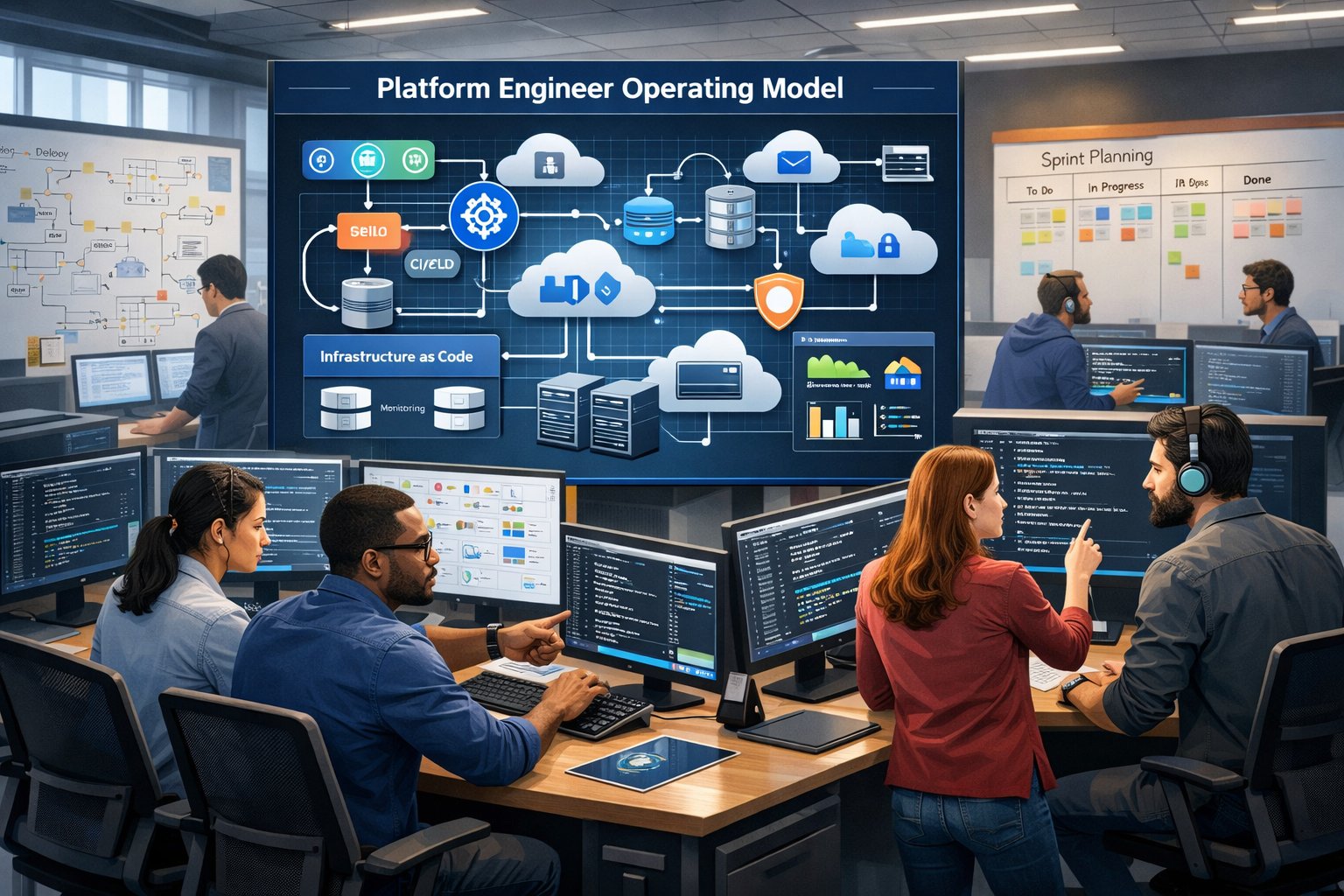 A group of engineers working together in a modern office with computer screens showing code and system diagrams, collaborating around digital displays and whiteboards.