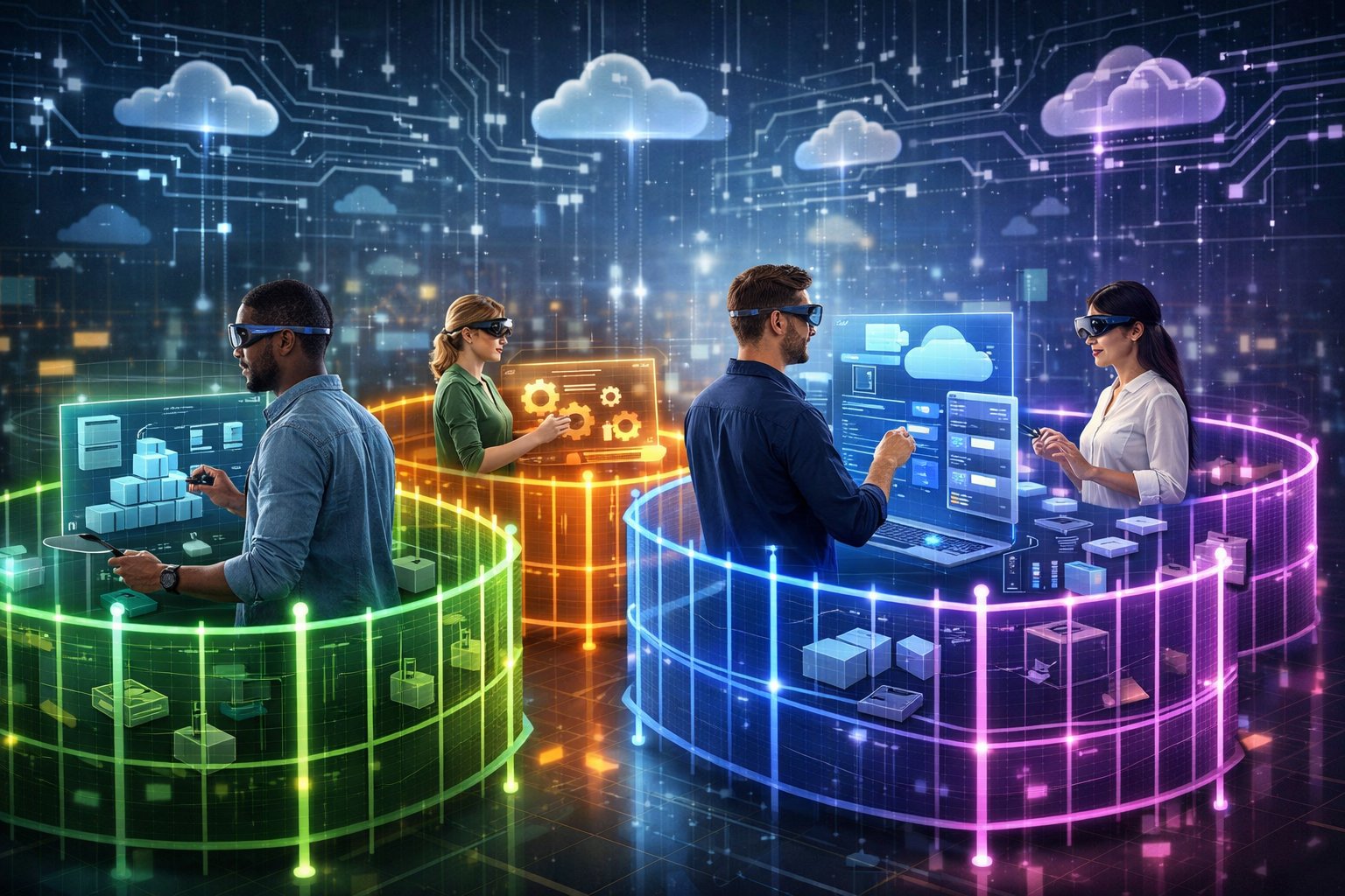 Engineers interacting with separate digital platform modules enclosed within glowing boundaries, symbolizing ownership areas in a tech workspace.